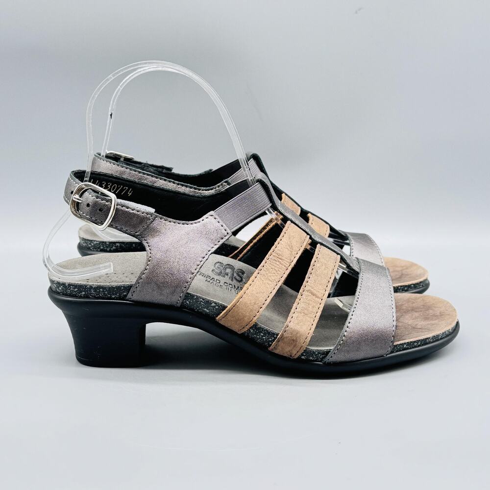SAS Sandals Womens 7.5 Gray Leather Tripad Comfort Strappy Buckle Slingback